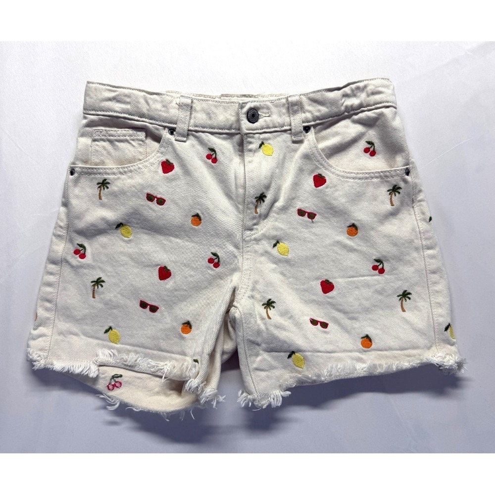 Pacsun Kids Shorts Girls 10 Cream Denim Embroidered Fruit Palm Tree Frayed Hem